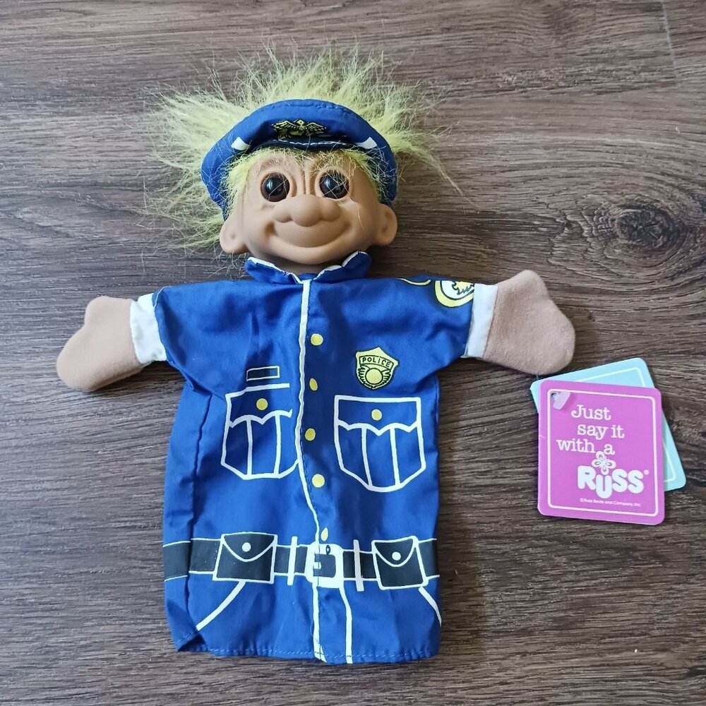 Russ Treasure Troll Police Officer‎ 10" Toy Hand Puppet Cop Yellow Blonde Hair